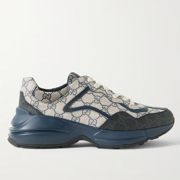 GUCCI Rhyton Leather-Trim Monogram Supreme Coated-Canvas Sneaker Navy Sz 11.5z - Picture 1 of 16